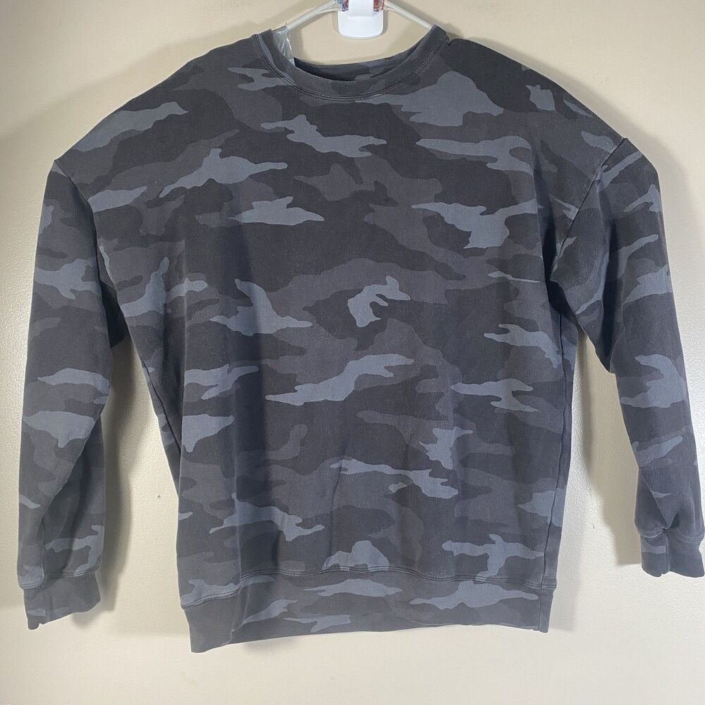 Athleta Womens Crewneck Sweatshirt Size Small Black Gray Camo Relaxed Soft